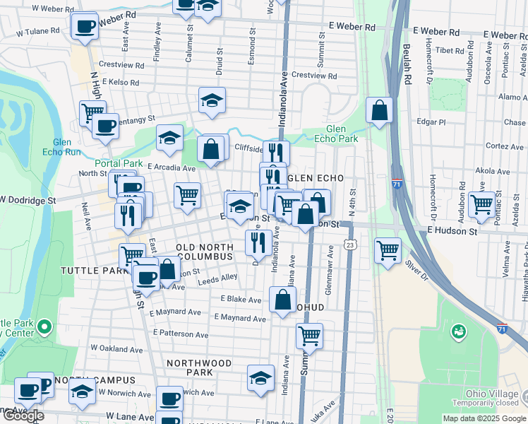 map of restaurants, bars, coffee shops, grocery stores, and more near in Columbus