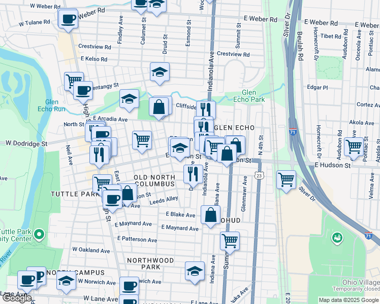map of restaurants, bars, coffee shops, grocery stores, and more near 272 East Hudson Street in Columbus