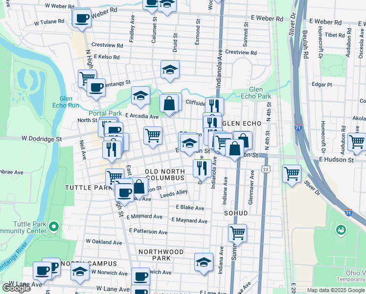 map of restaurants, bars, coffee shops, grocery stores, and more near 224 East Hudson Street in Columbus