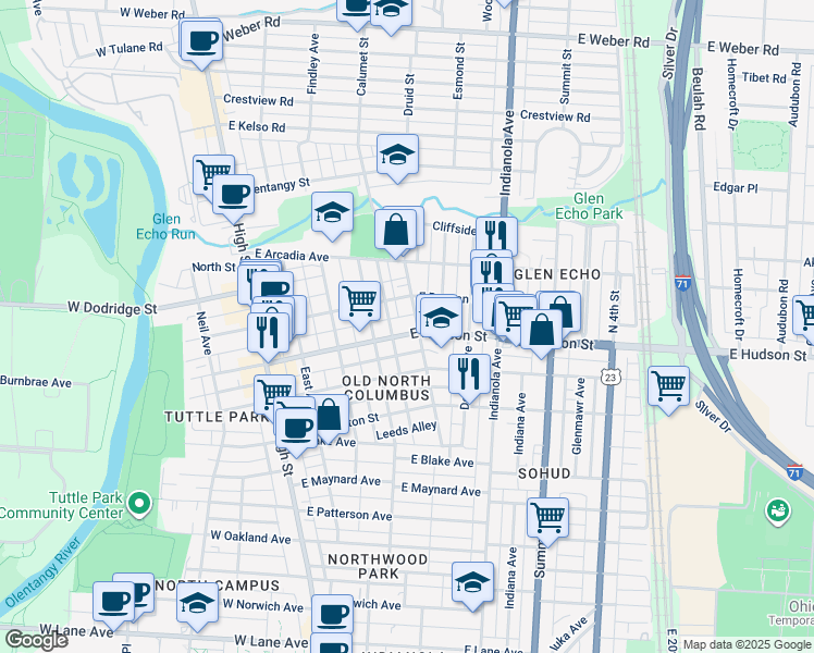 map of restaurants, bars, coffee shops, grocery stores, and more near 224 East Hudson Street in Columbus
