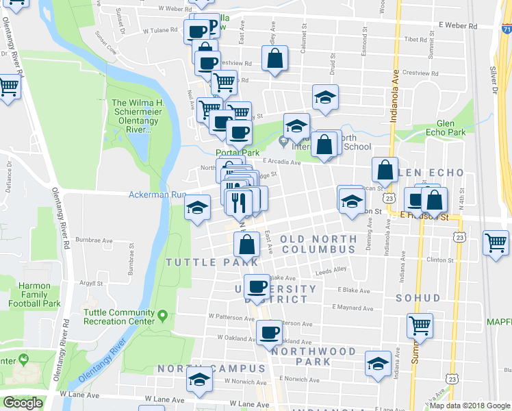 map of restaurants, bars, coffee shops, grocery stores, and more near 57 East Duncan Street in Columbus