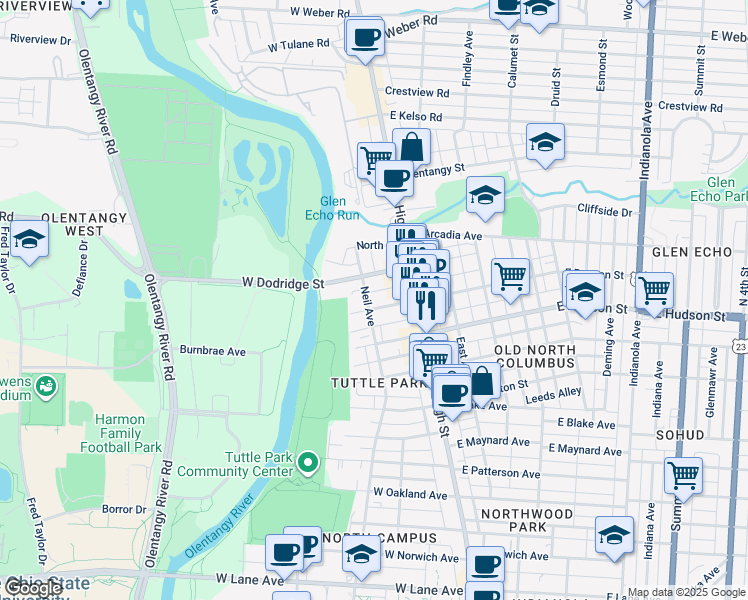 map of restaurants, bars, coffee shops, grocery stores, and more near 48 West Duncan Street in Columbus