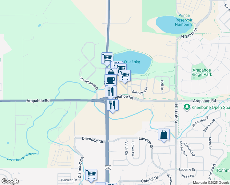 map of restaurants, bars, coffee shops, grocery stores, and more near 3338 Arapahoe Road in Erie