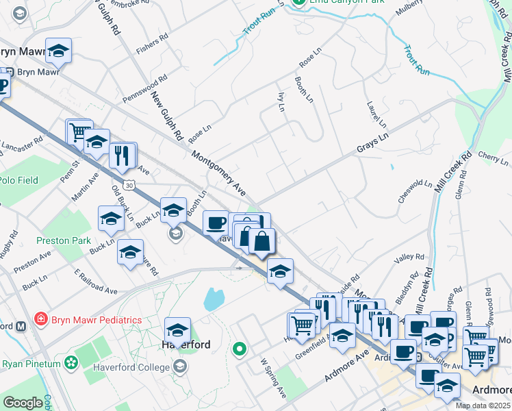 map of restaurants, bars, coffee shops, grocery stores, and more near Montgomery Ave & Grays Ln in Haverford