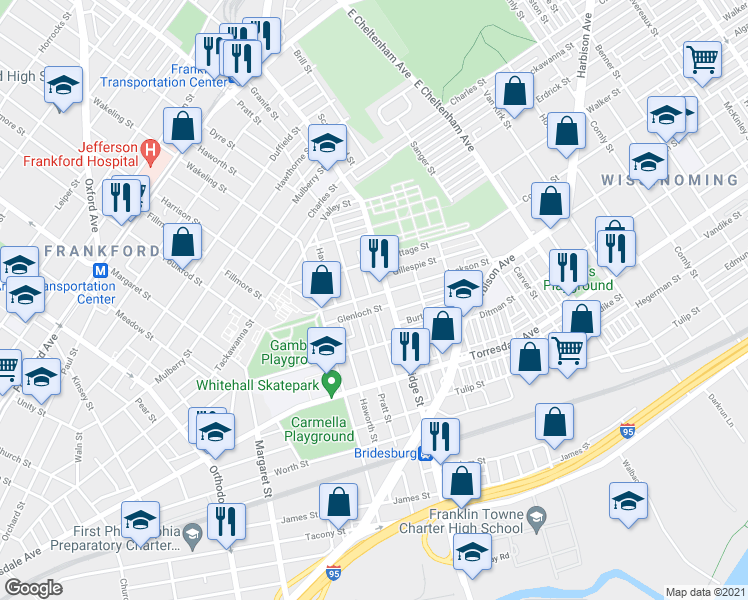 map of restaurants, bars, coffee shops, grocery stores, and more near 5125 Jackson Street in Philadelphia