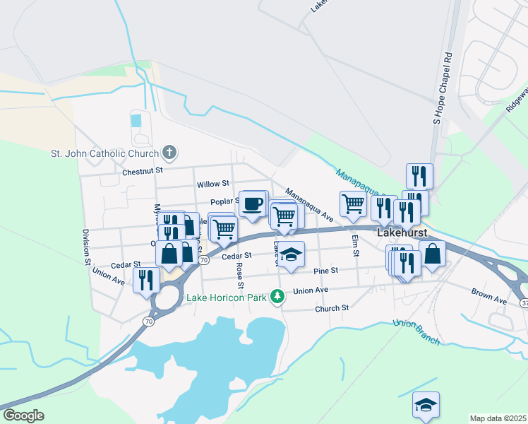 map of restaurants, bars, coffee shops, grocery stores, and more near 403 Maple Street in Lakehurst