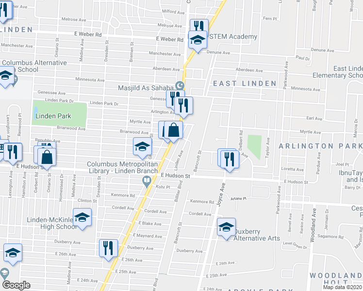 map of restaurants, bars, coffee shops, grocery stores, and more near 2367 Linden Avenue in Columbus