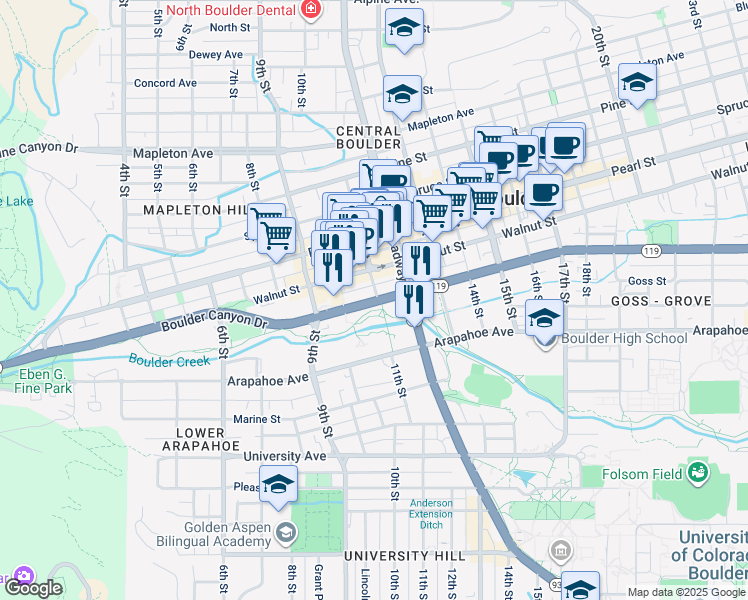 map of restaurants, bars, coffee shops, grocery stores, and more near 1095 Canyon Boulevard in Boulder