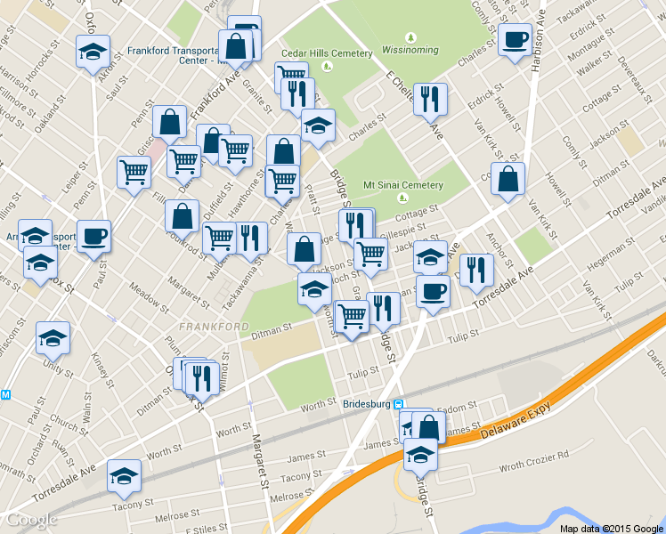 map of restaurants, bars, coffee shops, grocery stores, and more near Jackson St & Pratt St in Philadelphia
