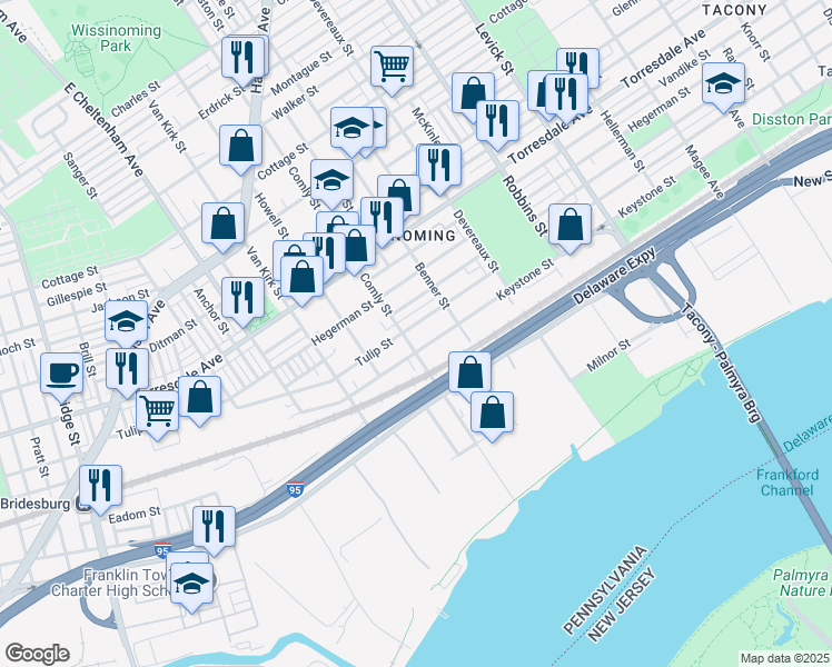 map of restaurants, bars, coffee shops, grocery stores, and more near 6007 Tulip St in Philadelphia