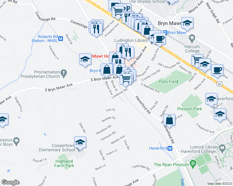 map of restaurants, bars, coffee shops, grocery stores, and more near 214 Landover Road in Bryn Mawr