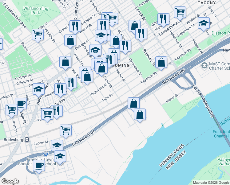 map of restaurants, bars, coffee shops, grocery stores, and more near Tulip Street & Comly Street in Philadelphia