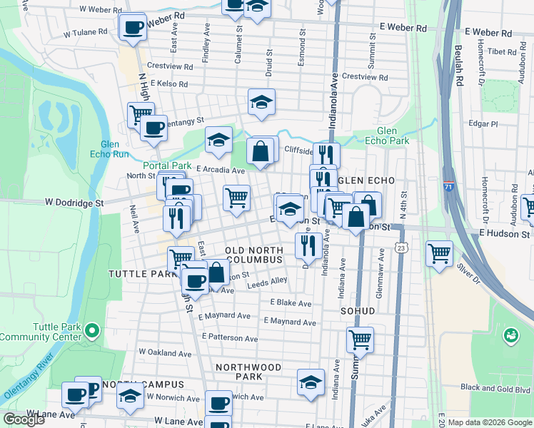 map of restaurants, bars, coffee shops, grocery stores, and more near 224 East Hudson Street in Columbus