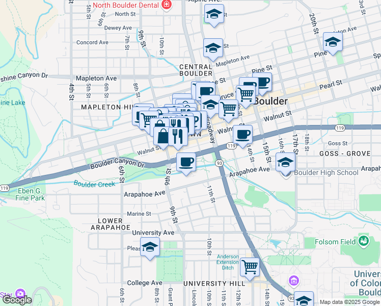 map of restaurants, bars, coffee shops, grocery stores, and more near 1055 Canyon Boulevard in Boulder