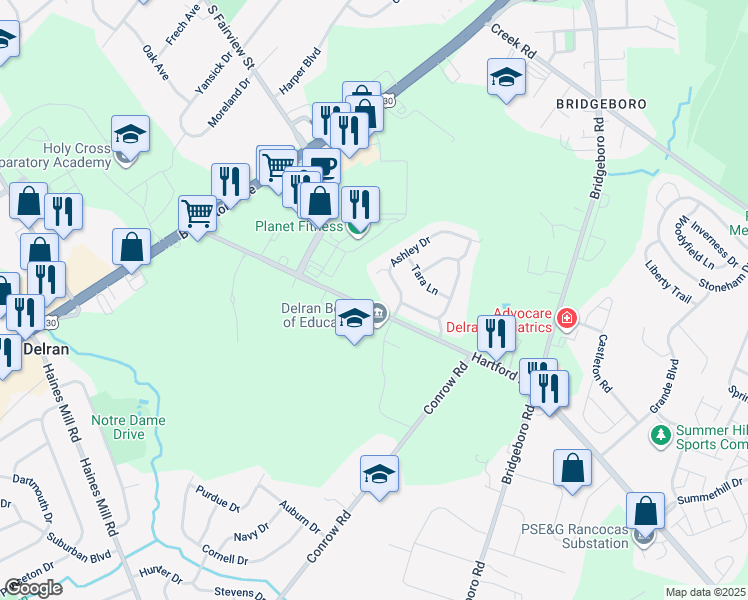 map of restaurants, bars, coffee shops, grocery stores, and more near 53 Hartford Road in Delran