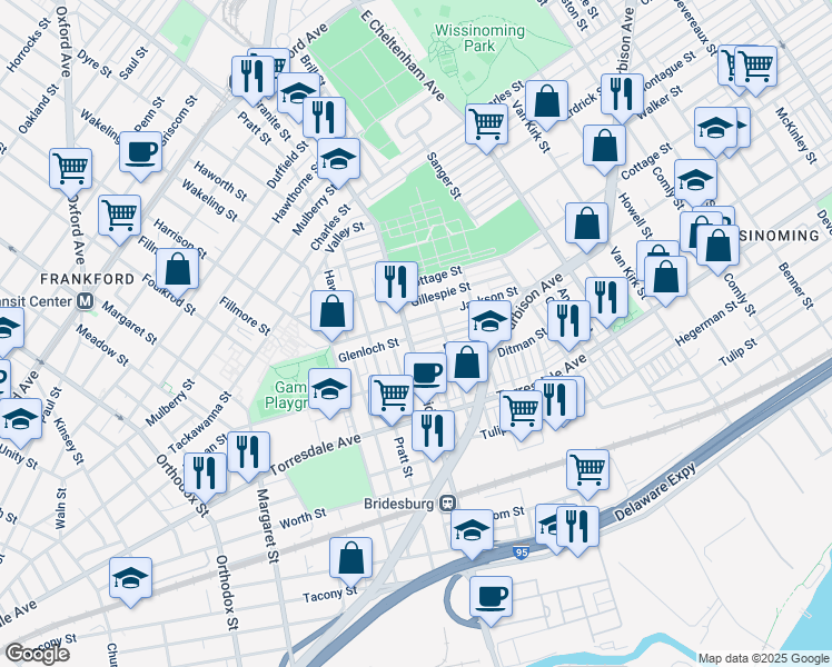map of restaurants, bars, coffee shops, grocery stores, and more near 2011 Bridge Street in Philadelphia