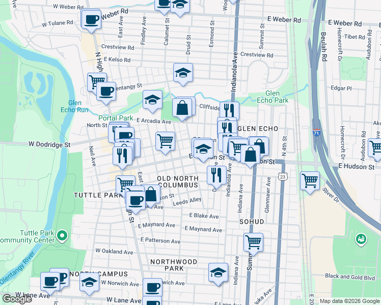 map of restaurants, bars, coffee shops, grocery stores, and more near 222-224 East Hudson Street in Columbus