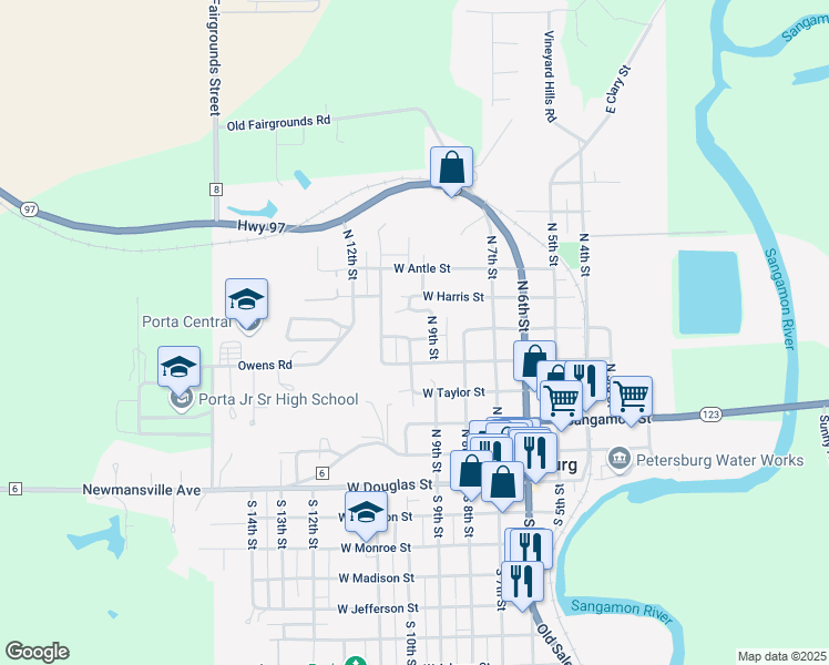 map of restaurants, bars, coffee shops, grocery stores, and more near 417 West Stephenson Street in Petersburg