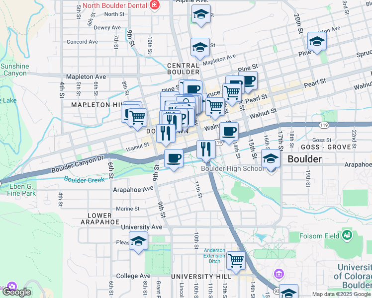 map of restaurants, bars, coffee shops, grocery stores, and more near in Boulder