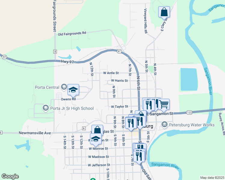 map of restaurants, bars, coffee shops, grocery stores, and more near 417 West Stephenson Street in Petersburg