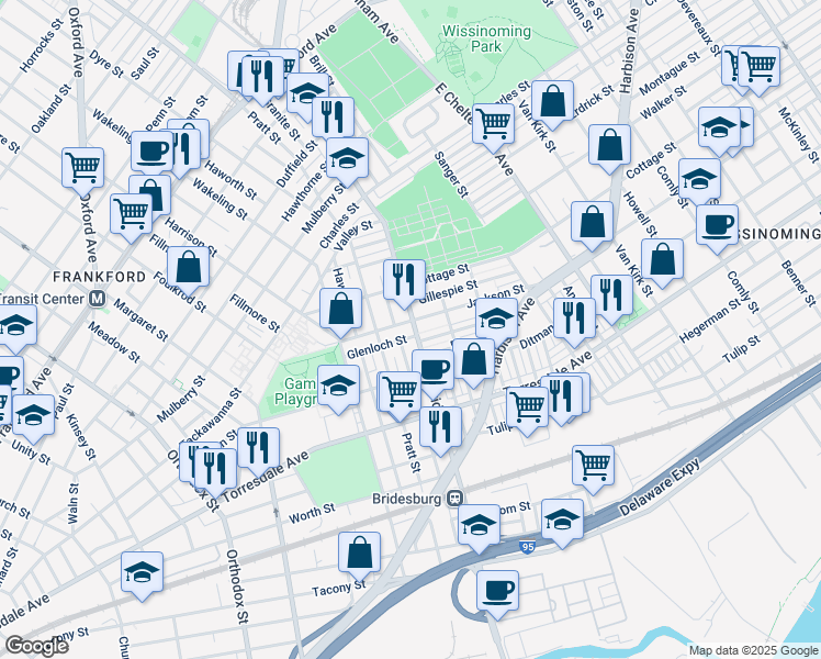 map of restaurants, bars, coffee shops, grocery stores, and more near 2008 Bridge Street in Philadelphia