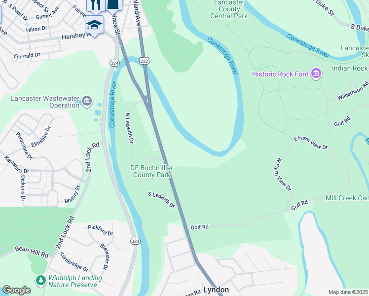 map of restaurants, bars, coffee shops, grocery stores, and more near 1223 Willow Street Pike in Lancaster