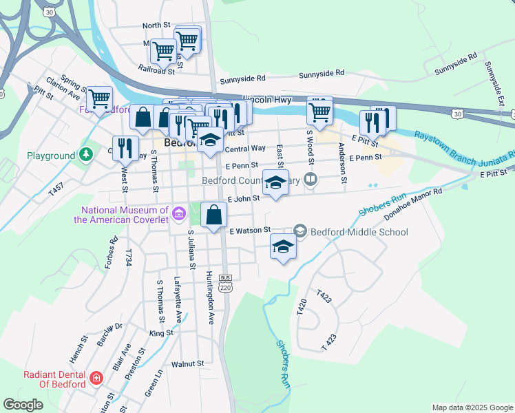 map of restaurants, bars, coffee shops, grocery stores, and more near 315 South Bedford Street in Bedford