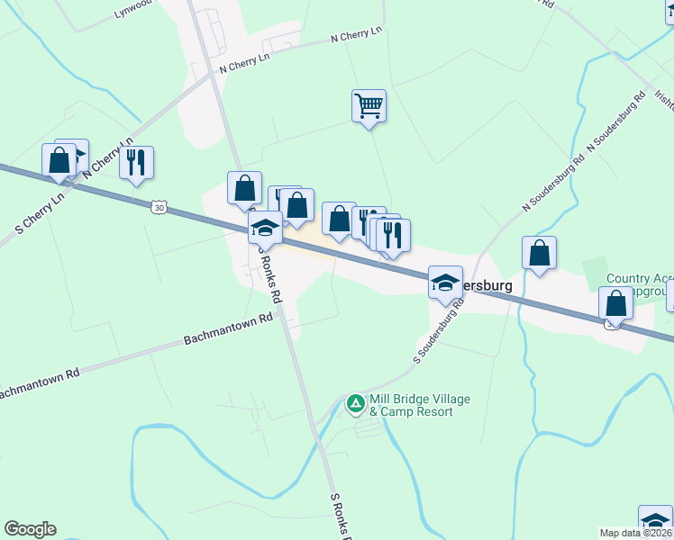 map of restaurants, bars, coffee shops, grocery stores, and more near 2834 Lincoln Highway in Ronks