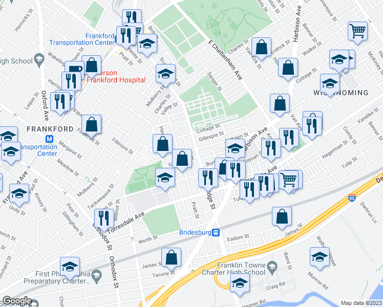 map of restaurants, bars, coffee shops, grocery stores, and more near 5133 Jackson Street in Philadelphia