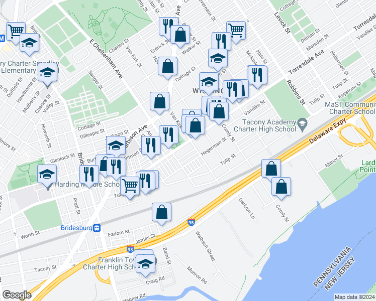 map of restaurants, bars, coffee shops, grocery stores, and more near 5732 Vandike Street in Philadelphia