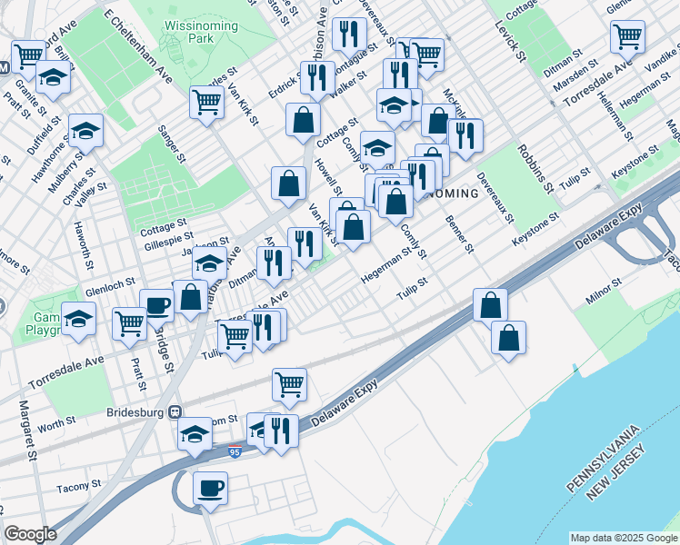 map of restaurants, bars, coffee shops, grocery stores, and more near 5732 Vandike Street in Philadelphia