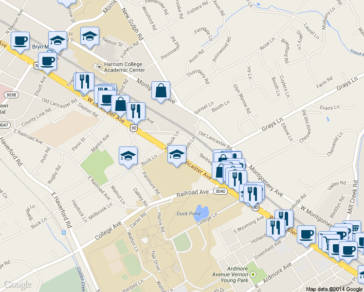 map of restaurants, bars, coffee shops, grocery stores, and more near 10 Booth Lane in Haverford