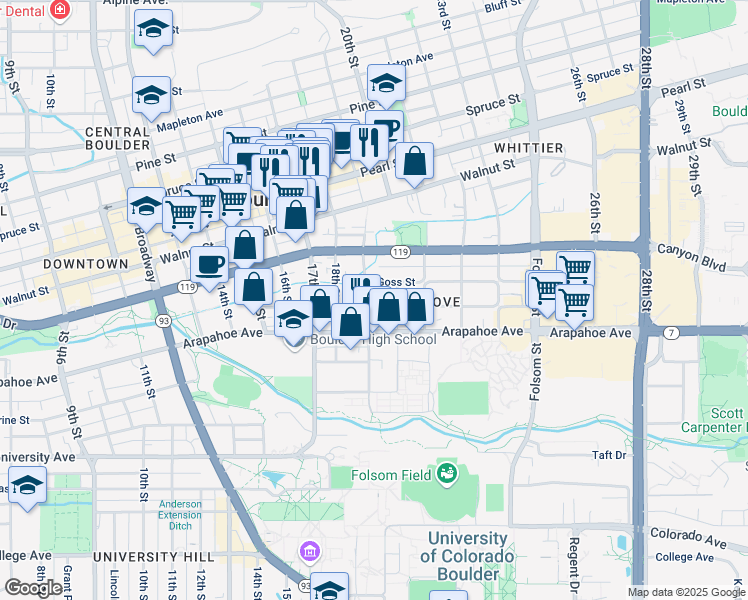 map of restaurants, bars, coffee shops, grocery stores, and more near 1905 Grove Street in Boulder