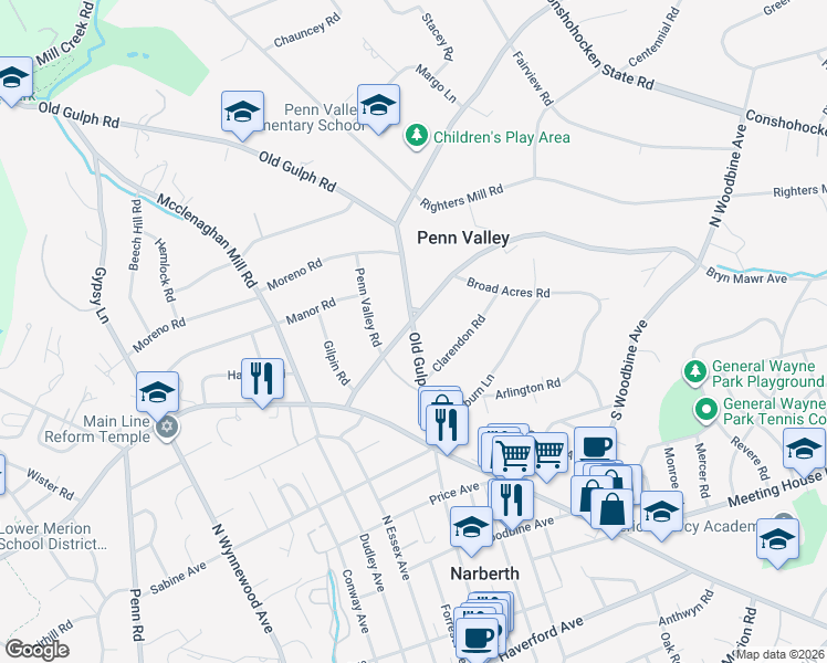 map of restaurants, bars, coffee shops, grocery stores, and more near 511 Old Gulph Road in Penn Valley
