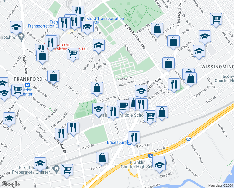 map of restaurants, bars, coffee shops, grocery stores, and more near 2008 Bridge Street in Philadelphia