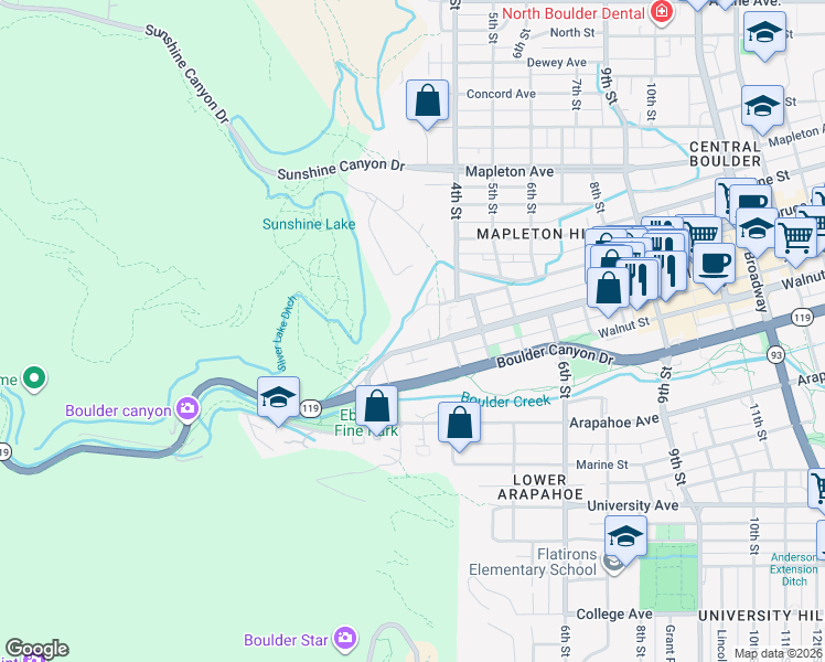 map of restaurants, bars, coffee shops, grocery stores, and more near 275 Pearl Street in Boulder