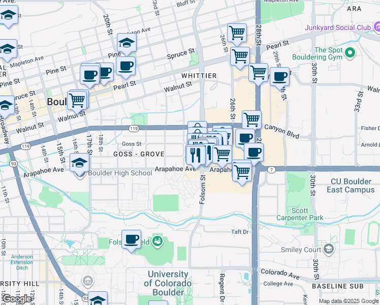 map of restaurants, bars, coffee shops, grocery stores, and more near 2321 Grove Street in Boulder