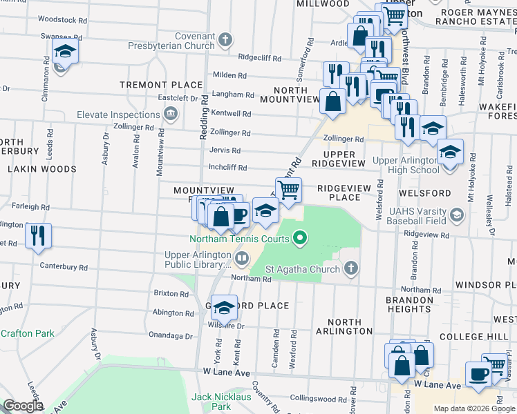 map of restaurants, bars, coffee shops, grocery stores, and more near 2061 Ridgeview Road in Columbus