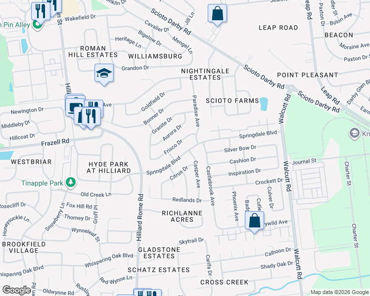 map of restaurants, bars, coffee shops, grocery stores, and more near 5176 Springdale Boulevard in Hilliard