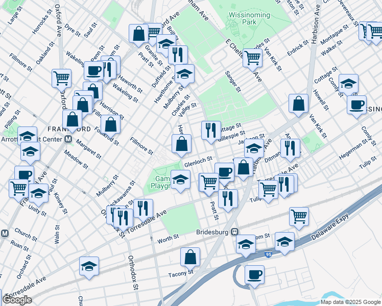 map of restaurants, bars, coffee shops, grocery stores, and more near 5026 Jackson Street in Philadelphia