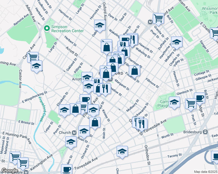 map of restaurants, bars, coffee shops, grocery stores, and more near 4652 Paul Street in Philadelphia