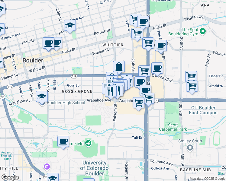 map of restaurants, bars, coffee shops, grocery stores, and more near 2321 Grove Street in Boulder