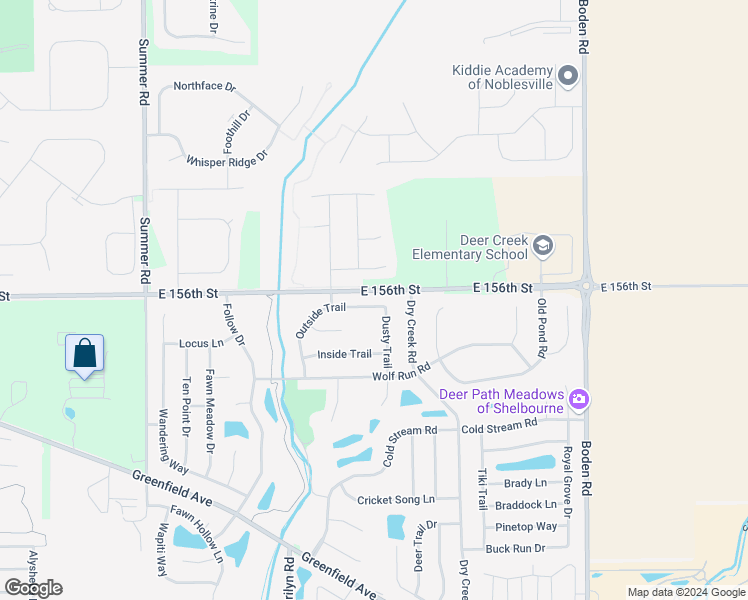 map of restaurants, bars, coffee shops, grocery stores, and more near 15581 Outside Trail in Noblesville