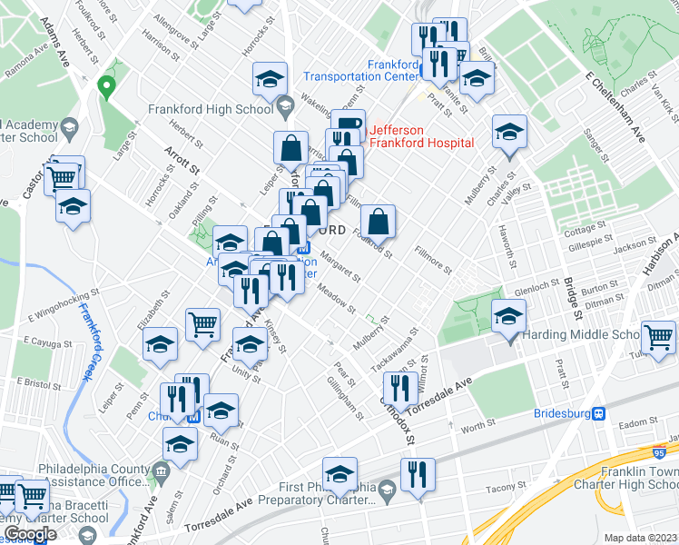map of restaurants, bars, coffee shops, grocery stores, and more near 1664 Margaret Street in Philadelphia