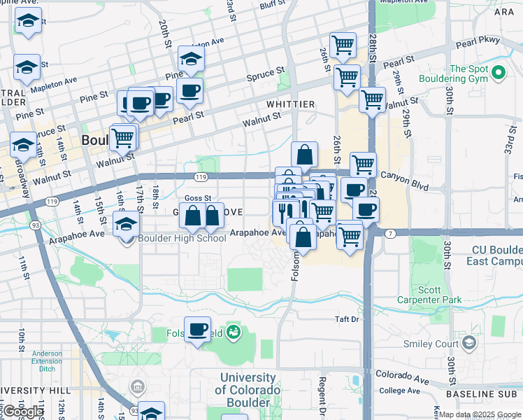 map of restaurants, bars, coffee shops, grocery stores, and more near 2221 Grove Circle East in Boulder