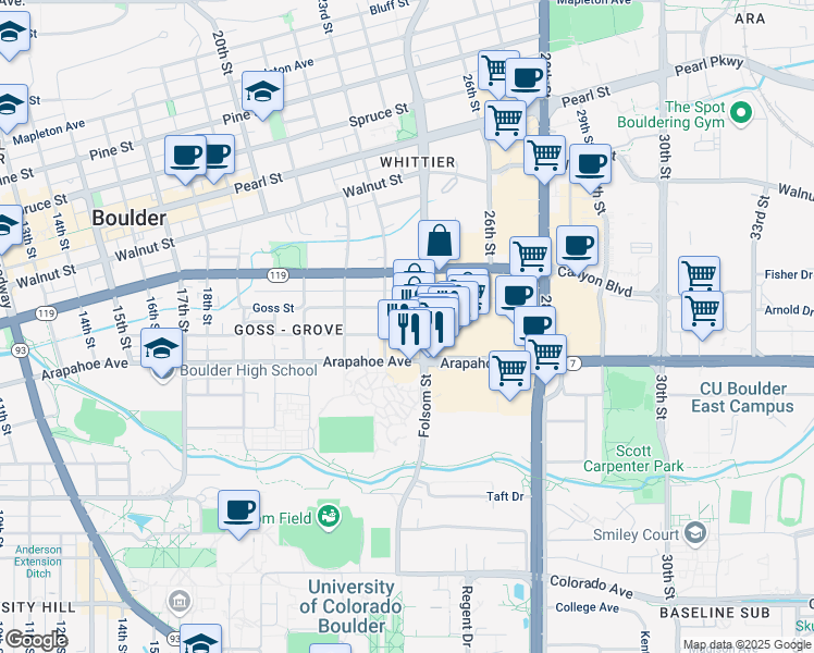 map of restaurants, bars, coffee shops, grocery stores, and more near 2321 Grove Street in Boulder
