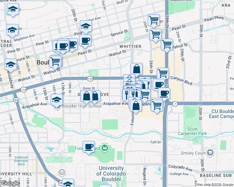 map of restaurants, bars, coffee shops, grocery stores, and more near 2221 Grove Circle East in Boulder