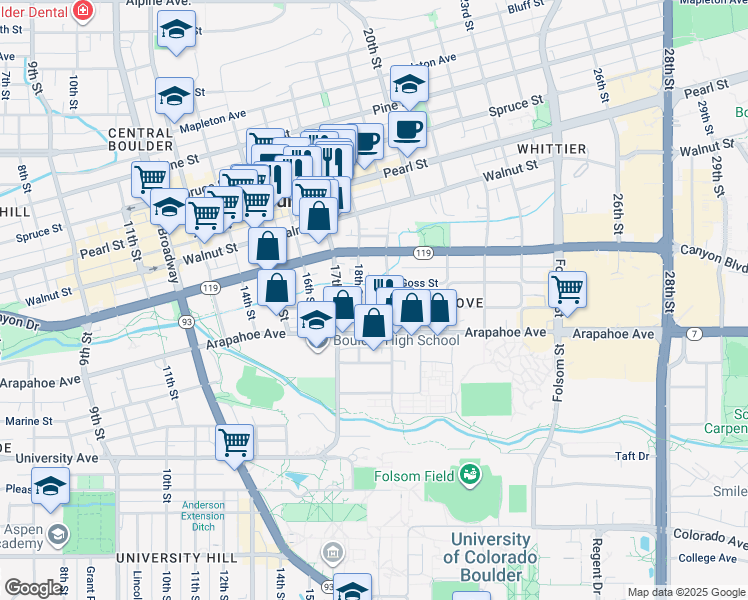 map of restaurants, bars, coffee shops, grocery stores, and more near 1803 Grove Street in Boulder
