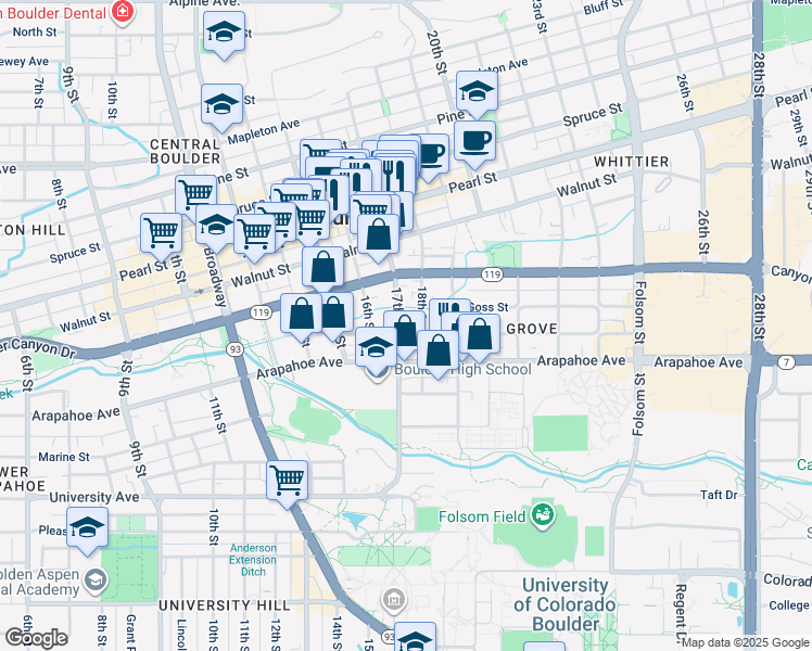 map of restaurants, bars, coffee shops, grocery stores, and more near 1631 Grove Street in Boulder