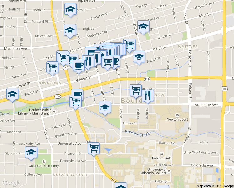 map of restaurants, bars, coffee shops, grocery stores, and more near 1631 Grove Street in Boulder